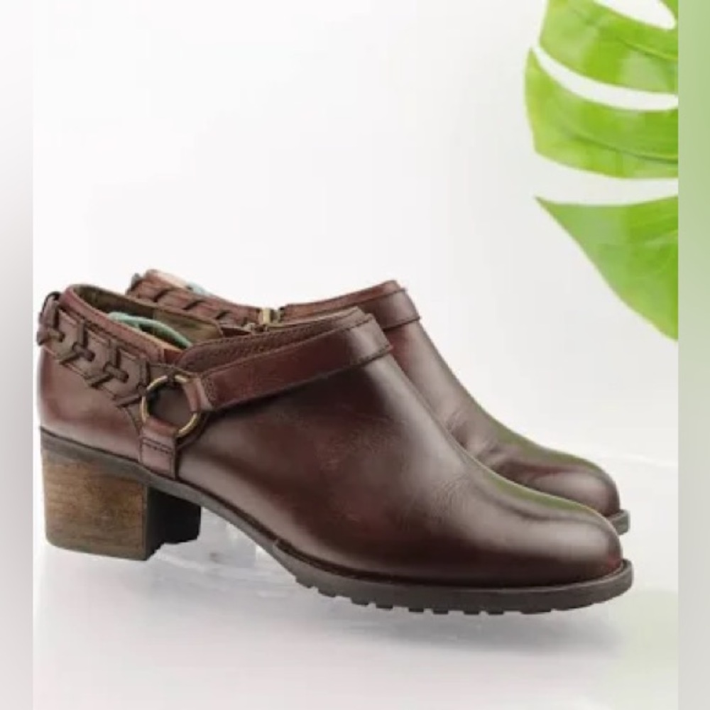 Tara M Ginnie brown leather 2” ankle booties mules size 8-1/2 Abeo insoles EUC